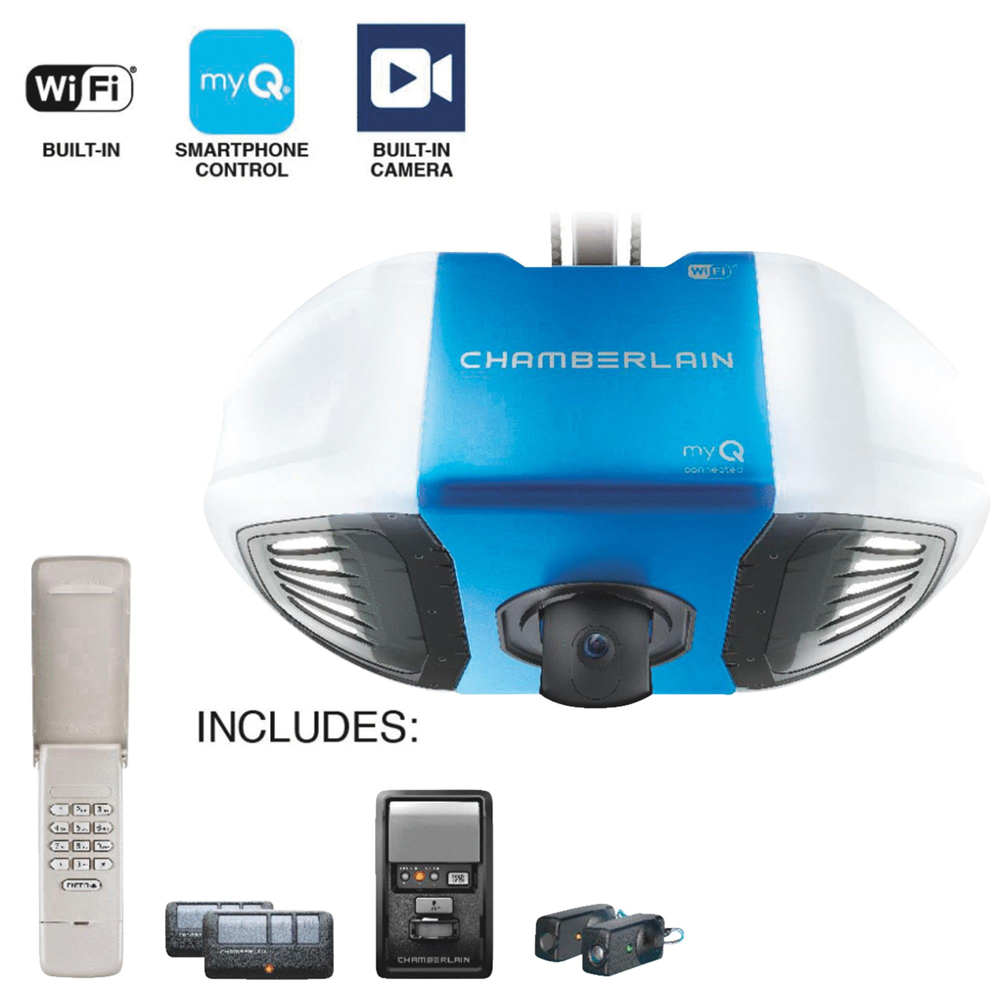 Chamberlain B4545T Smart Garage Door Opener w Built in HD Camera Two way audio myQ Smartphone Control Ultra Quiet Strong Belt Drive and MED Lifting Power Wireless Keypad Incl Blue Walmart