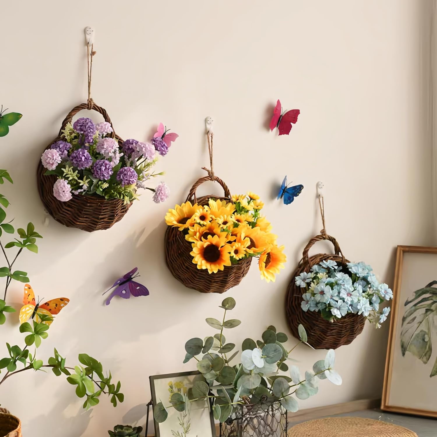 Wall Hanging Woven Baskets: Hanging Wall Basket, Hanging Planter, 2Pcs Waterproof Wicker Baskets with Handle, for Flowers Plants Outdoor Front Door Home Garden, Hanging Wicker Basket