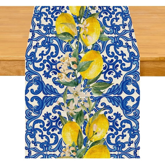 Blue Tiles Lemon Table Runner for Home Party Decorations Seasonal Summer Washable Kitchen Dining Table Decor for Birthday Party Coffee Table Family Dinners Holiday Wedding 13x72 Inch