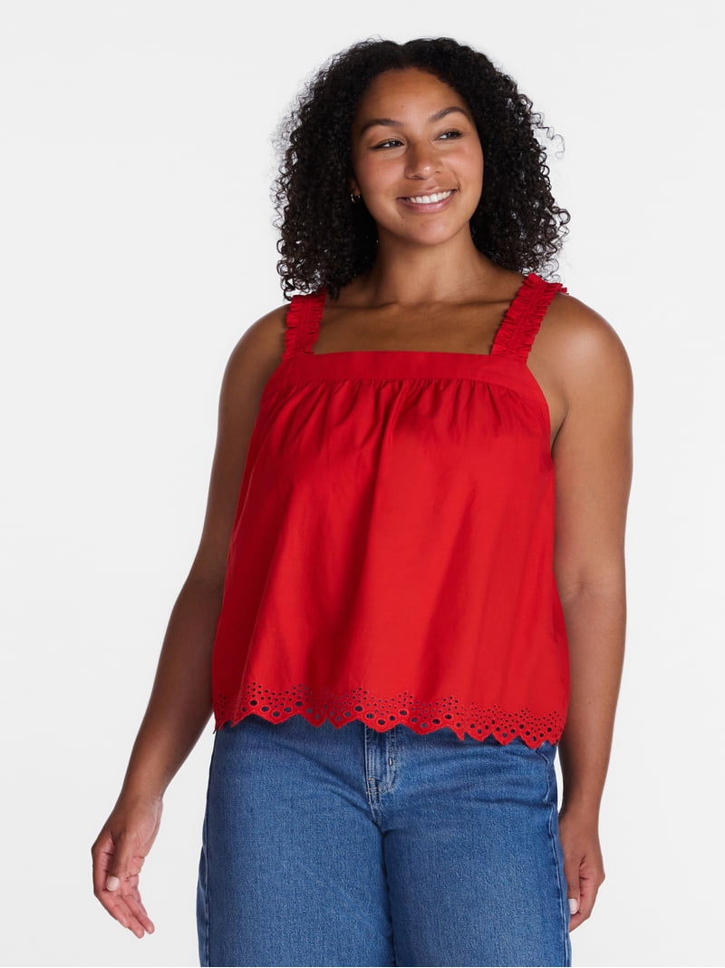 Time and Tru Women's Eyelet Trim Cotton Tank Top, Sizes XS-XXXL