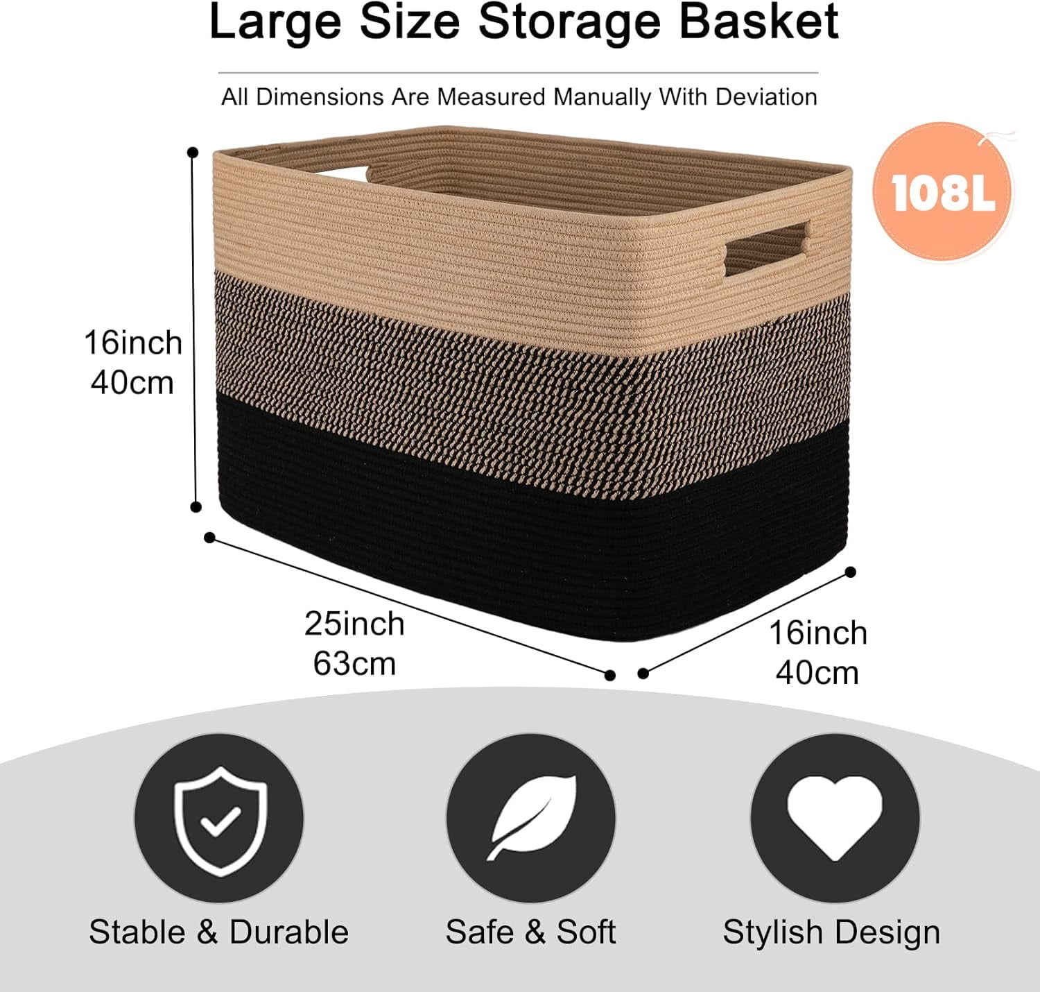 108L Super Large Blanket Basket, 25”x16”x16” Rectangle Woven Baskets for Storage, Cotton Rope Basket For Living Room, Toy Storage with Handle- Yellow and Black