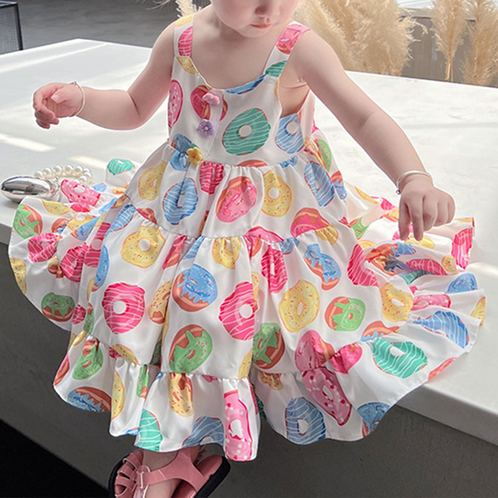 Big Kid Girl Dress Casual Dress Girls Size 8 Toddler Girl Dress Food Donut Print 1 Piece Sleeveless Princess Sundress for 1 To 9 Girls