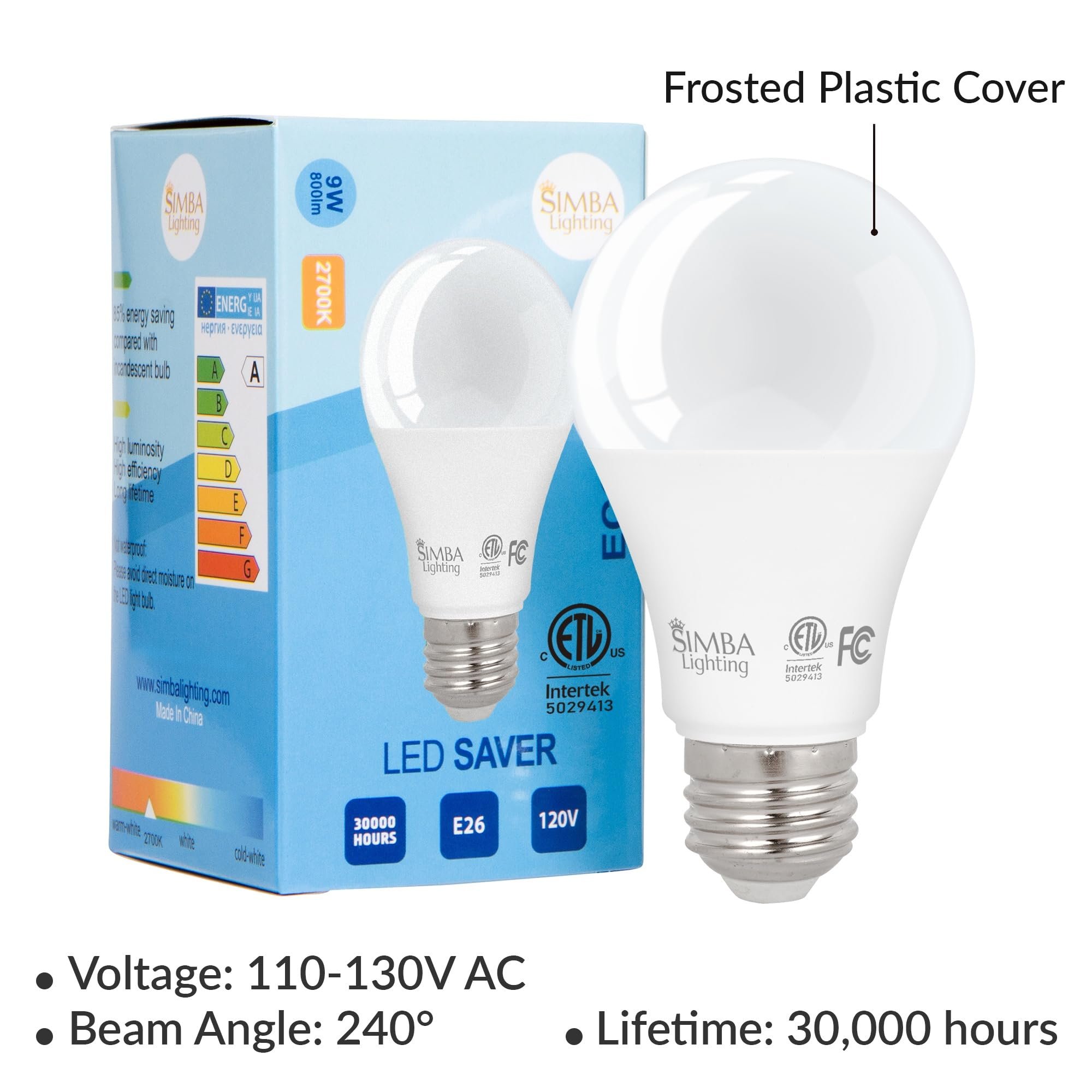 Simba Lighting LED A19 ETL Listed 9W 60W-75W Equivalent Dimmable Bulbs 120V E26 Base 2700K Warm White 6-Pack