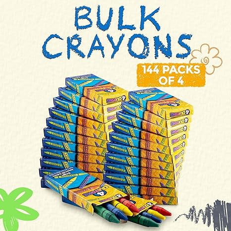 Bulk Crayons - 576 Crayons! (Case of 144 - 4-Packs) Premium Color Crayons Bulk School Supplies For Kids And Toddler Crayons Bulk Non-toxic, For Party Favors, Restaurants, Goody Bags Stocking Stuffers