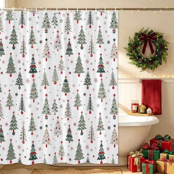 Christmas Winter Bathroom Shower Curtain, Rustic Green Red Mini Christmas Pine Trees Waterproof Washable Soft Bath Curtain for Bathtub Decor with 12 Hooks&Grommet, 48x72in
