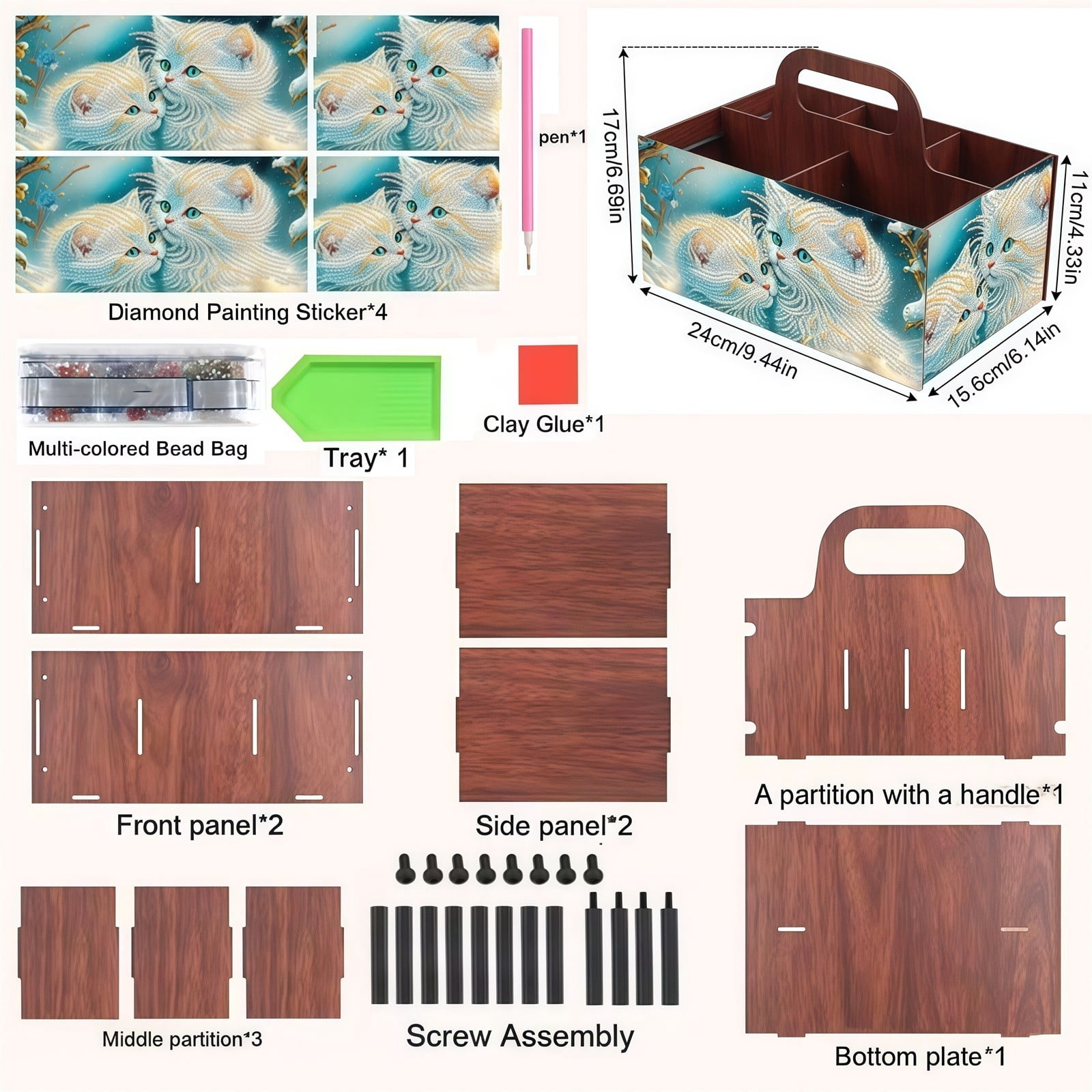 FLOPESN DIY Cat Diamond Art Painting 5 compartments Wooden Storage Box, 9.44*8.14in, Practical Rectangular Assembly Portable Multi-Grid Box