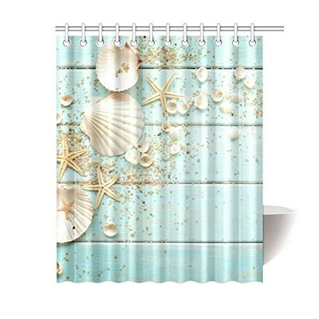 Gckg Seashell Shower Curtain Sand Starfish Blue Wooden Back