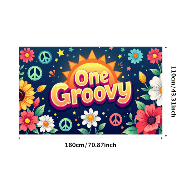 Groovy Floral Sunburst Banner Decoration Backdrop with Peace Symbols and Vibrant Flowers for Parties Retro Themes Events Celebrations Photography Background