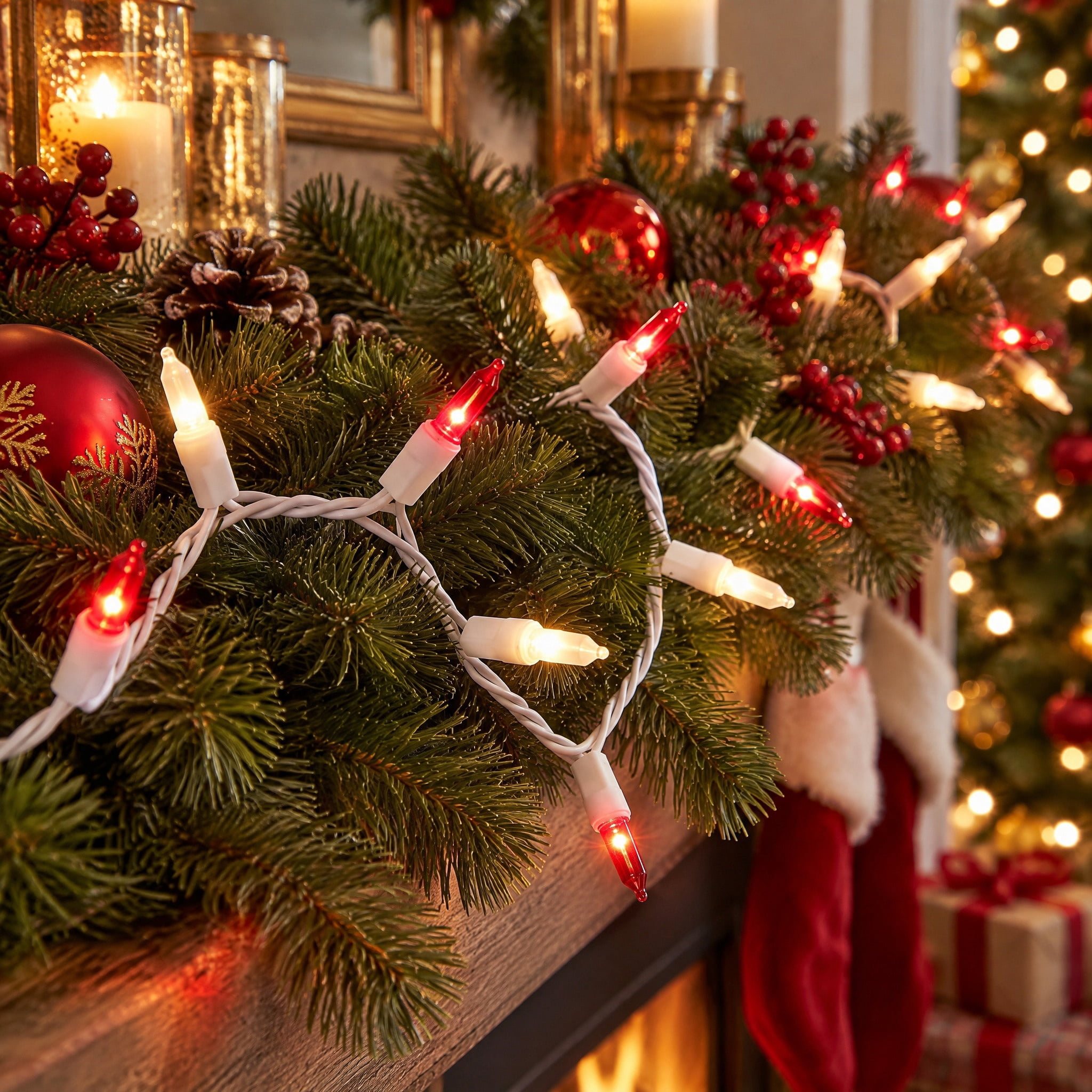 Indoor/Outdoor 50-Count LED Mini Christmas String Lights, Red and Frosted Warm White, White Wire, 9.5', by Holiday Time