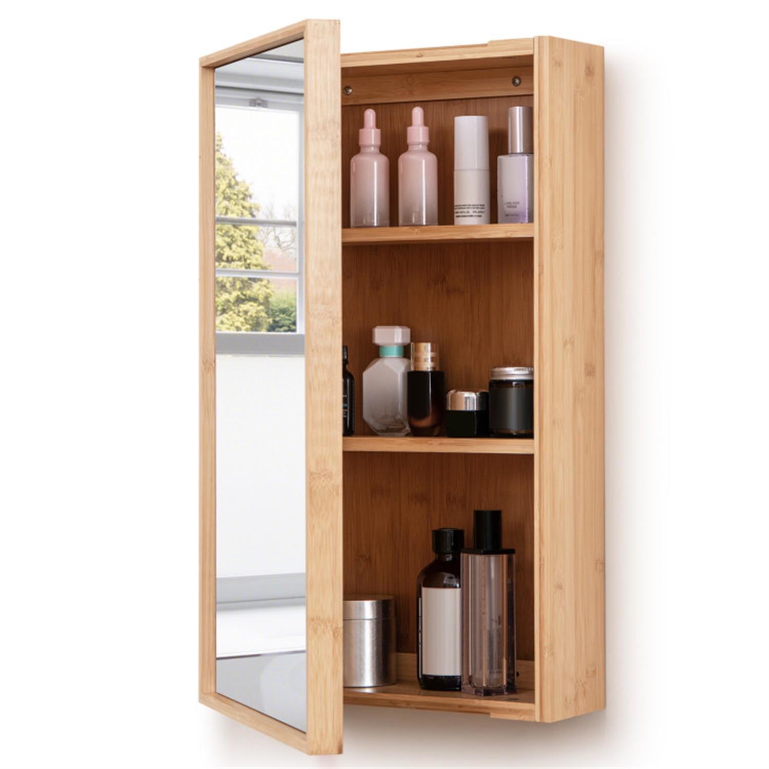 Demi Bonn Bamboo Bathroom Medicine Cabinet with Mirror, Wall Mounted Single Mirror Door Storage Cabinet with 2 Adjustable Shelf for Bathroom Living Room Hallway, Beige