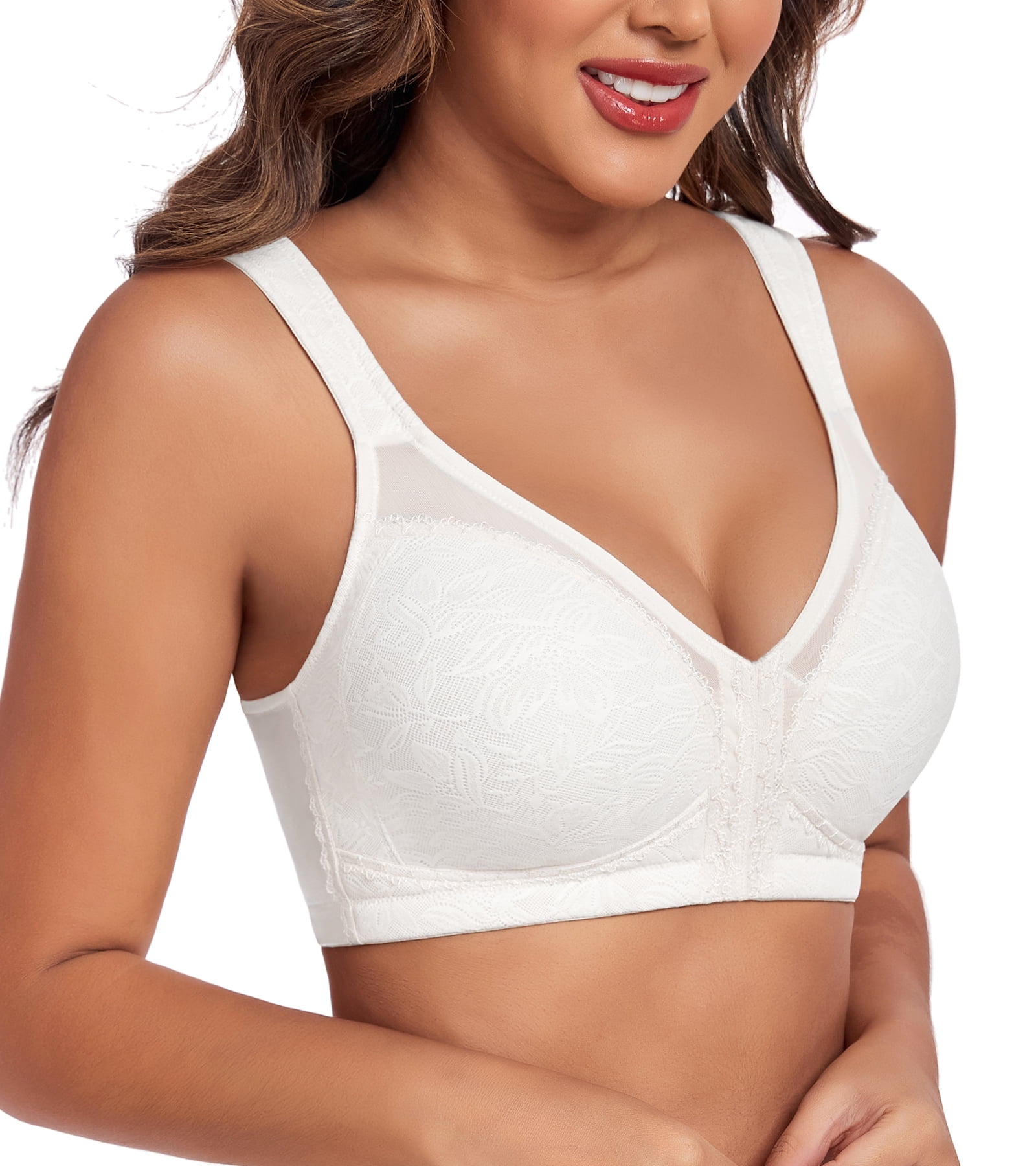Exerin Women's Plus Size Front Closure Minimizer Bras Wireless Non Padded Comfort Back Support Bra(42DD,White)