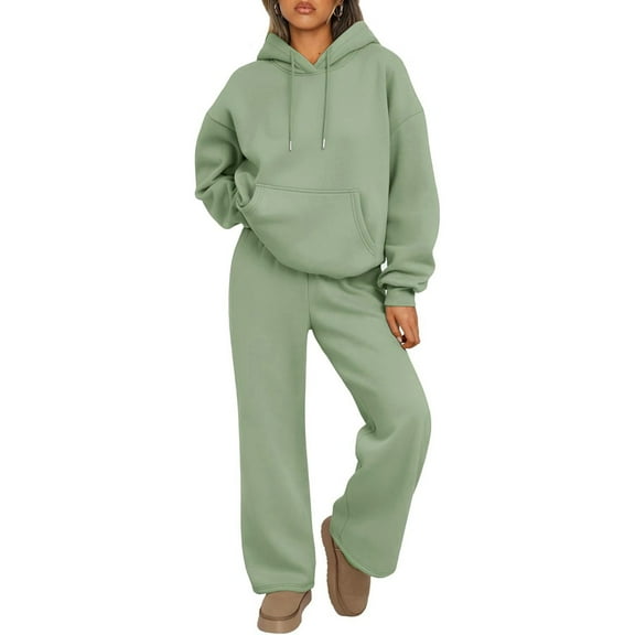HKYNLAG Sweats Sets for Women Comfy Hoodie Sweatsuit Sets Long Sleeve Wide Leg Pants Fall Fashion Clothes Green XL
