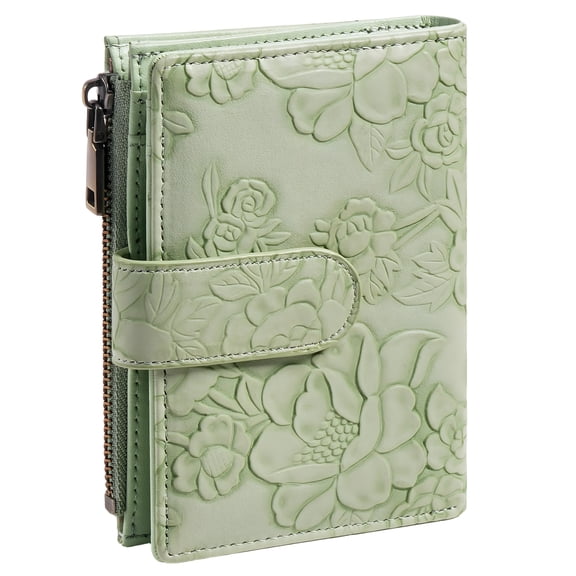 Embossed Light Green PU Leather Trifold Wallet for Women, RFID Blocking Short Purse with Card Slots, Coin Pocket, Buckle Closure, Metallic Zipper, Credit Card Holder