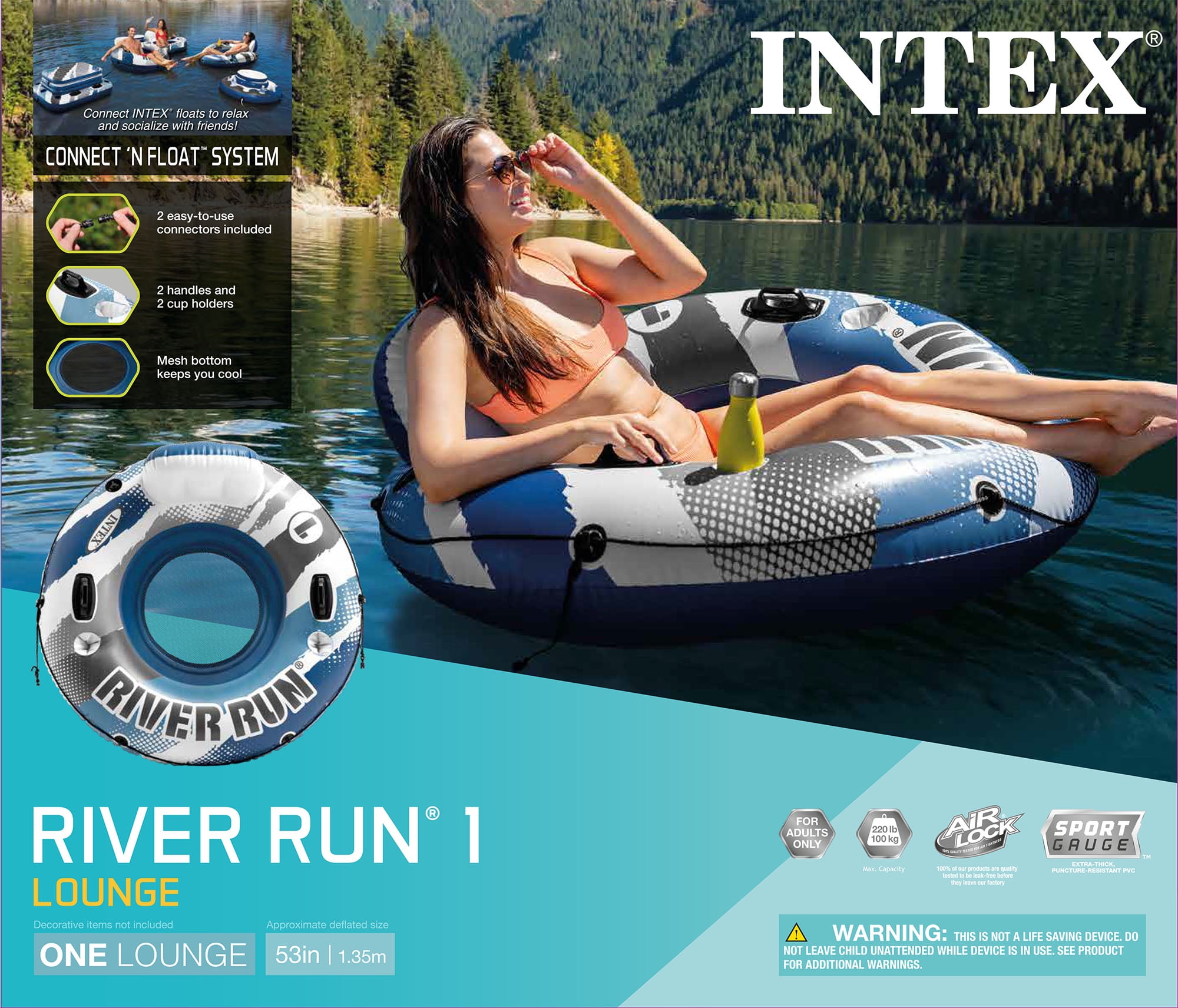 Intex River Run 1 - Inflatable Floating Water Tube with Quick Connects - River Lake Pool