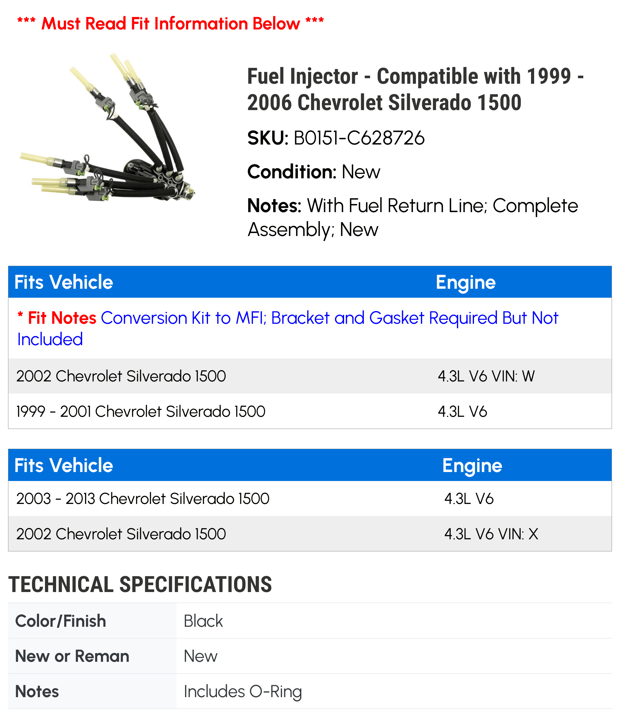 Fuel Injector - Compatible with 1999 - 2006 Chevy Silverado 1500 2000 2001 2002 2003 2004 2005 2007 2008 2009 2010 2011 2012 2013