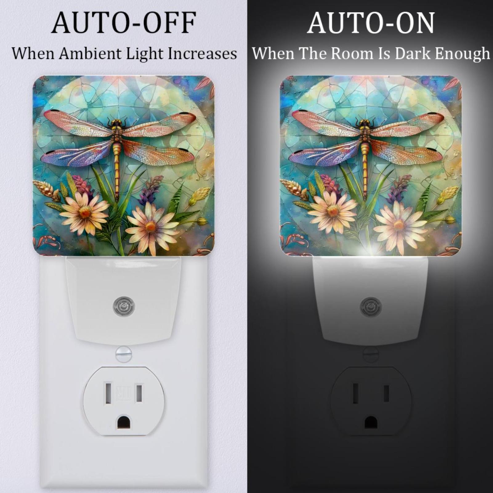 PhooArto Dragonfly Flowers Painting Plug in LED Night Light Auto Sensor Dusk to Dawn Decorative Night for Bedroom, Bathroom, Kitchen, Hallway, Stairs, Baby's Room, Energy Saving