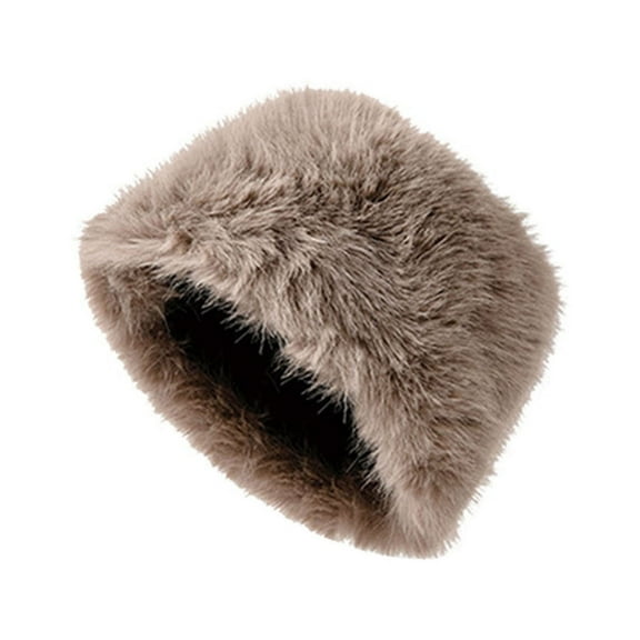 comerut Women Winter Hat Faux Fur Soft Thick Elastic Anti-slip Warm Windproof No Brim Solid Color Ear Protection Basin Hat Outdoor Hunting Cap