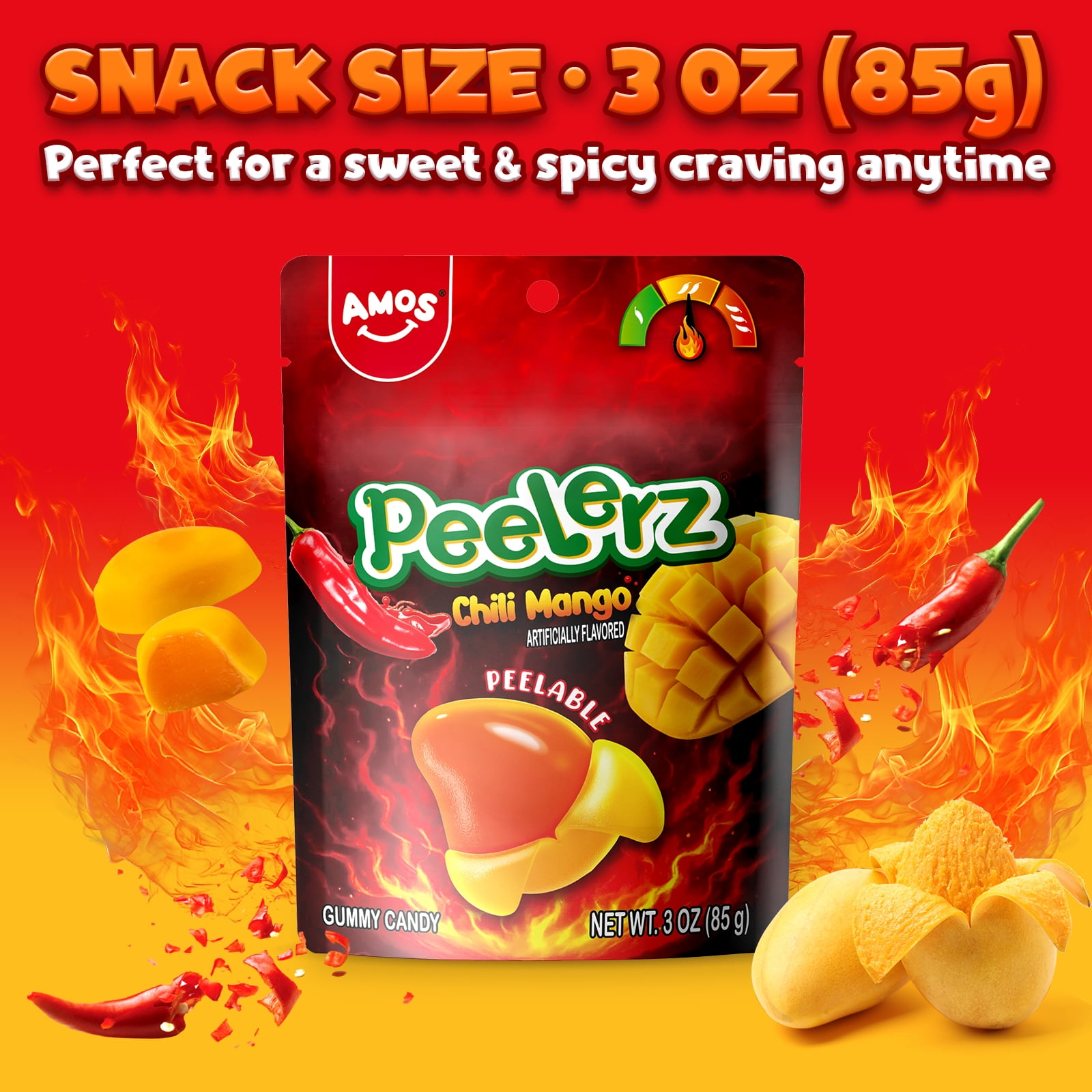 Amos Peelerz Chili Mango Gummy Candy, Peelable Gummies Spicy Snacks 3 oz (1 Pack)