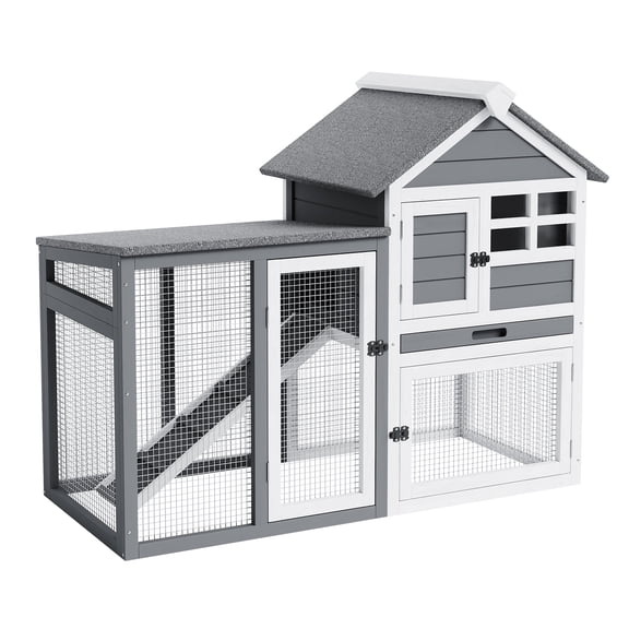 2-Story Rabbit Hutch Outdoor, Small Chicken Coop Wooden with Pull-Out Tray & Ramp for Bunnies, Bunny Cage Indoor with Waterproof Roof, Poultry Cage for Hen Duck Guinea Pig