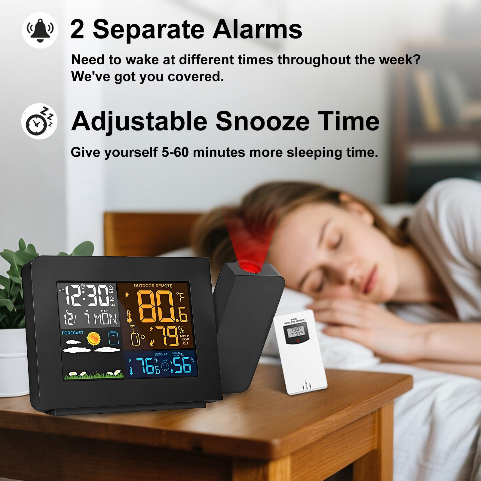 Syenll Projection Alarm Clock with Weather Station, Digital Indoor Outdoor Thermometer with Temperature Humidity Display for Bedrooms
