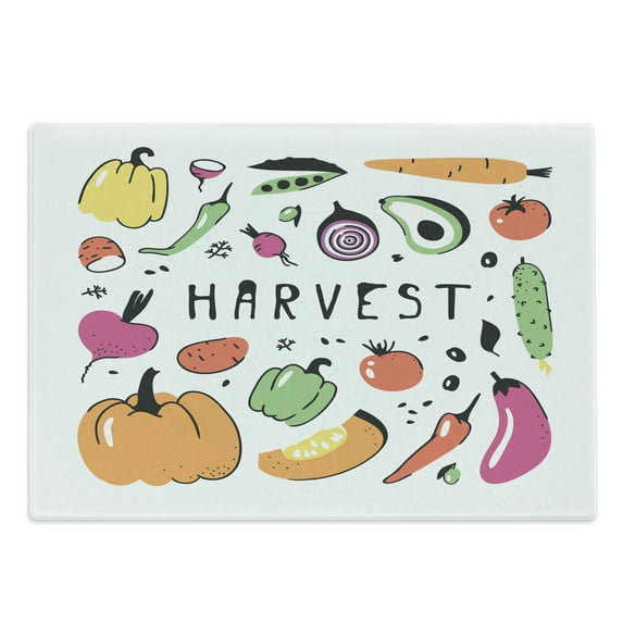 Harvest Cutting Board, Drawing Food Pumpkin Pepper Carrot Onion Eggplant Potato Radish Avocado, Decorative Tempered Glass Cutting and Serving Board, in 3 Sizes, by Ambesonne