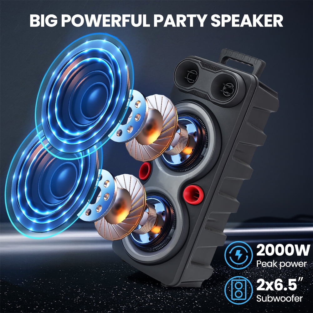PEPWELL Portable Dual 6.5" Bluetooth Speaker, Sub Woofer Heavy Bass DJ RGB Party Speakers, Sound System TWS Karaoke Machine with Mic FM Radio for Party