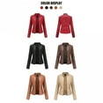 thumbnail image 4 of Tarmeek Women's Leather Jacket,Long Sleeve Shacket Jacket for Women,Slim Leather Stand-Up Collar Zipper Stitching Solid Color Jacket Coat,Womens Tops,Fall Winter Clothes for Women 2023, 4 of 4