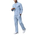thumbnail image 4 of DHFJKG Tracksuit 2 Piece Set For Men Solid Color Long Sleeve Tie Neck Pullover Loose Fit Pants Lightweight Linen Casual Suit Cozy Outfit, 4 of 4