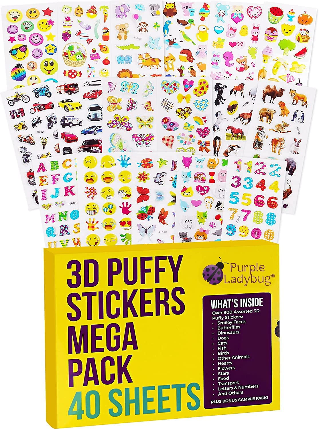 40 Assorted Sticker Sheets with 950+ Cute Stickers in Bulk Purple Ladybug 3D Puffy Stickers for Kids & Toddlers Mega Variety Pack Animals Alphabet and More! Includes Stars Cars