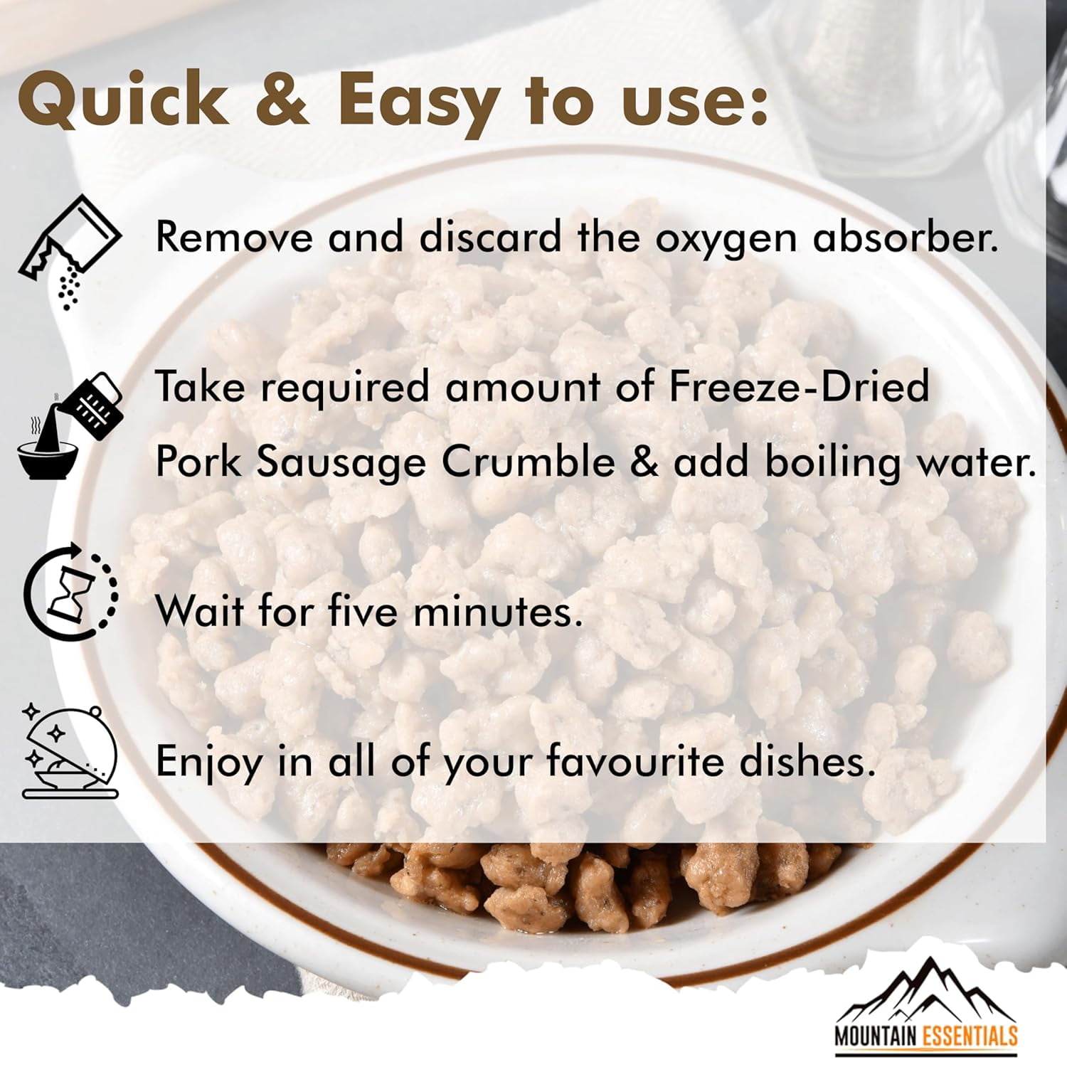 Mountain Essentials Freeze-Dried Pork Sausage Crumble – Fully Cooked, Ready to Eat – 10 Servings – Emergency, Camping, Daily Meals – 7-Year Shelf Life – Made in USA