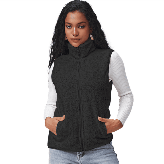 Women Fleece Vest Classic Fit Sleeveless Polar Fleece Vest Casual Outerwear Black M