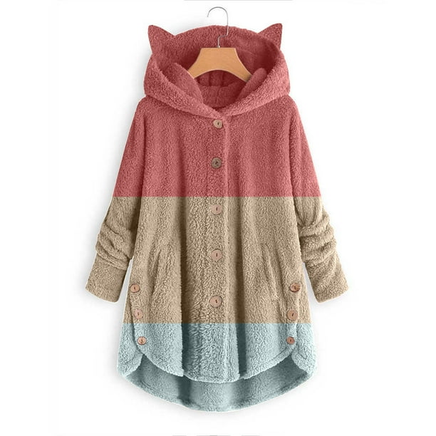 Puntoco, blusas de felpa con botones para mujer, cárdigan suelto con capucha, chaqueta de abrigo de retazos de Color sólido, liquidación Puntoco Puntoco-4337