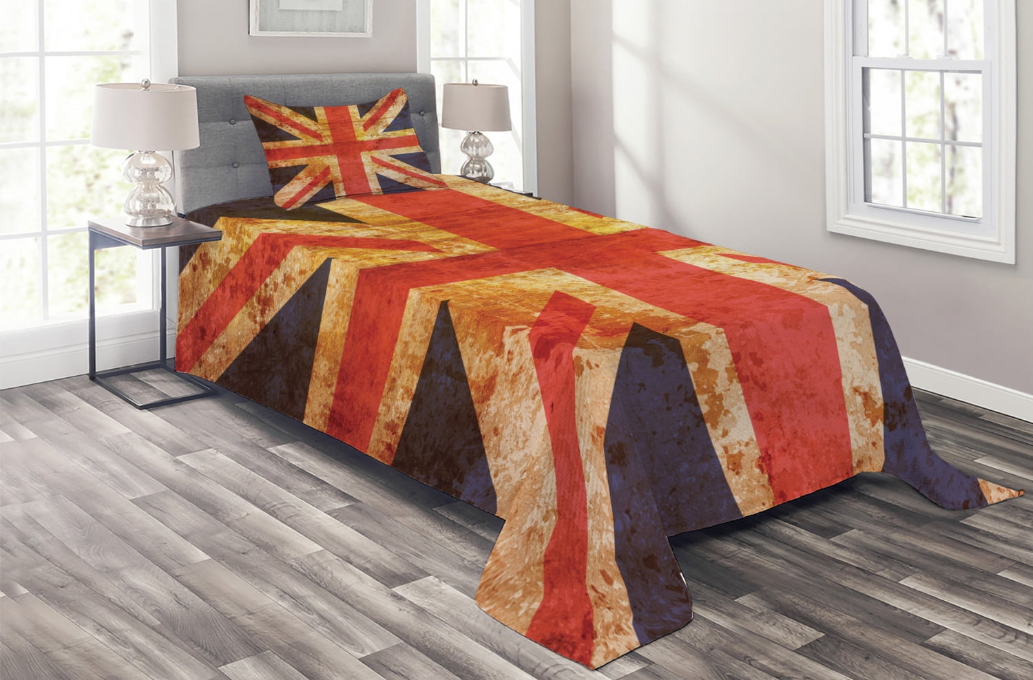 England Coverlet Set Twin Size, Union Jack Motif with Grunge Style