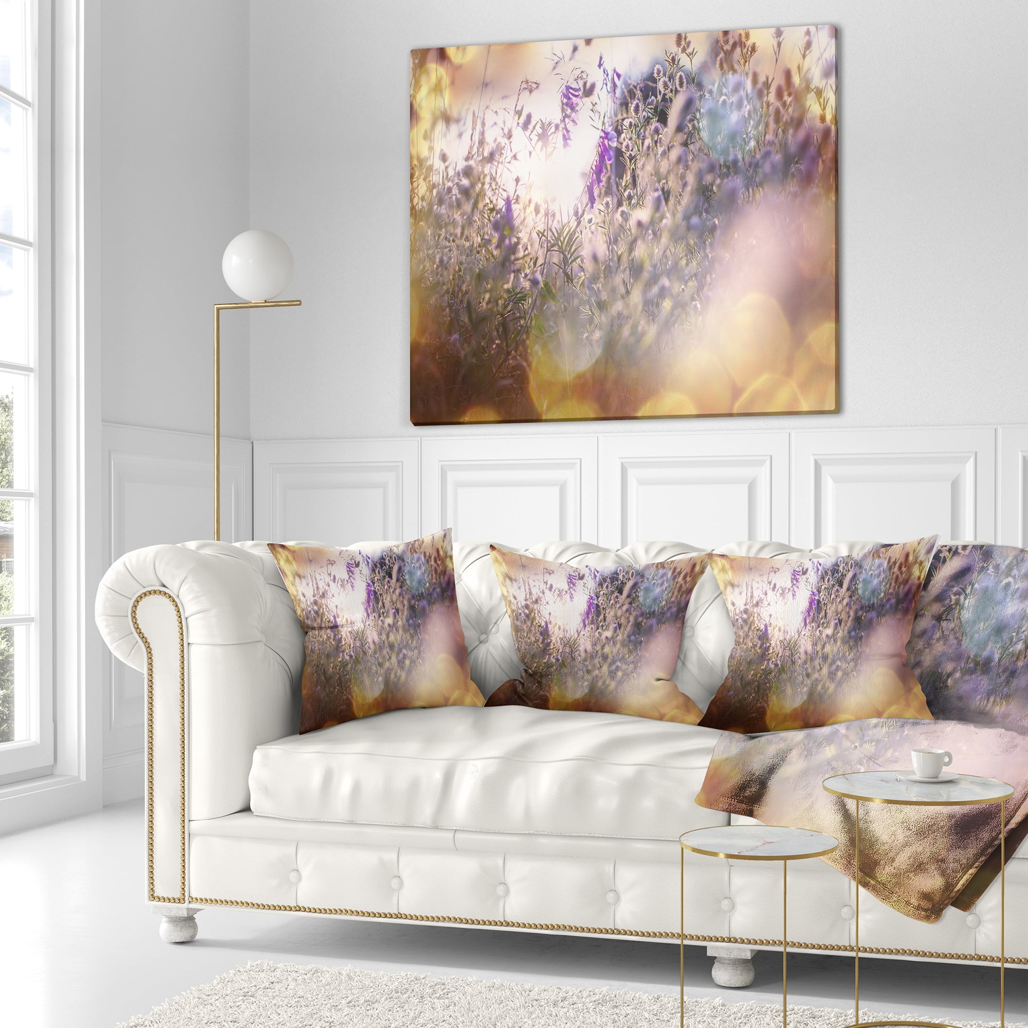 Designart Summer Pasture with Purple Flowers - Landscape Printed Throw Pillow - 18x18
