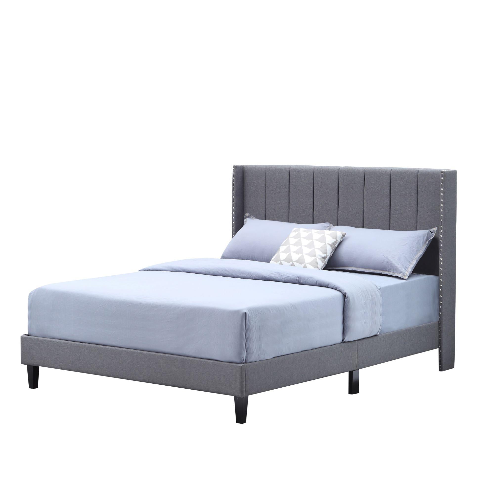Private Jungle Bed Frame Set, Classics Cloth Headboard with Wings & Platform & Slats Queen, Fabric/Grey Private Jungle Bed Frame Set, Classics Cloth Headboard with Wings & Platform & Slats Queen, Fabric/Grey