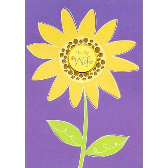 Designer Greetings Yellow Flower with Die Cut 3D Tip On Circular Banner on Purple Hand Decorated Birthday Card for Wife