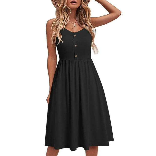 Staron Robes d'Été Décontractées pour Femmes Robe à Bretelles Spaghetti Smockée Décontractée d'Été Sans Manches Bohème Fluide Évasée à Col en V Robes de Soleil Noir m