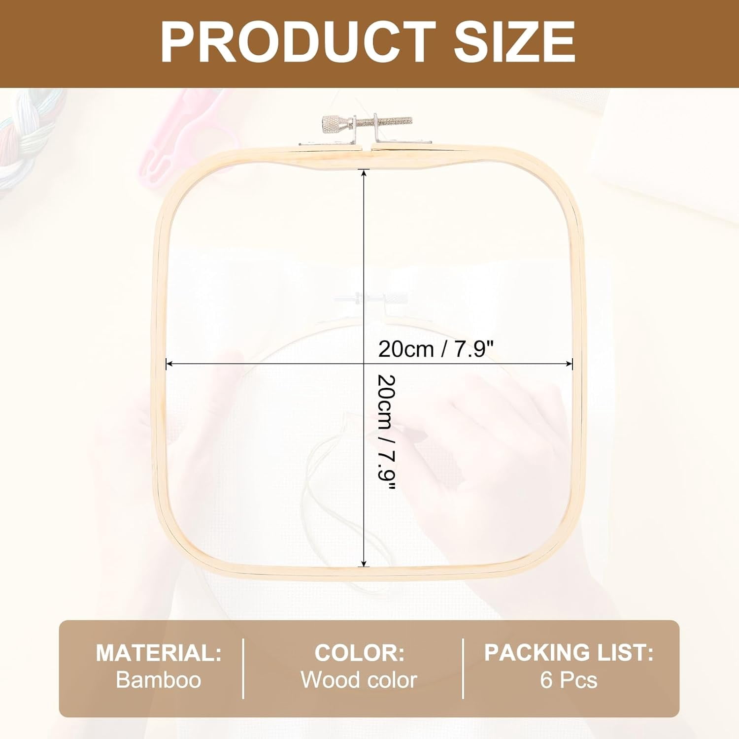 ABPETE Square Embroidery Hoops, Adjustable Bamboo Cross Stitch Hoops Ring Embroidery Frame Punch Needle Hoop for Sewing, Needlework, DIY( 6 Pieces 7.9" x 7.9" )
