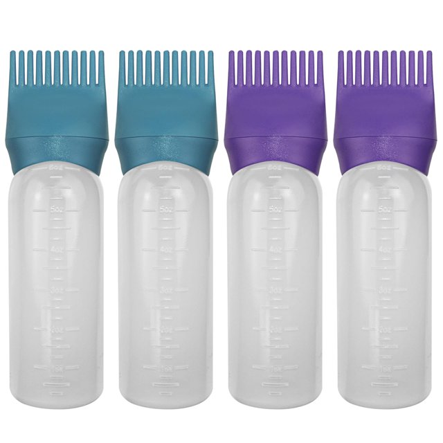 ELANE Paquete de 4 botellas de peine de aceite para el cabello, botella aplicadora de peine de raíz para aceite para el cabello, cuero cabelludo, aplicador de lubricación del cabello (púrpura+verde)