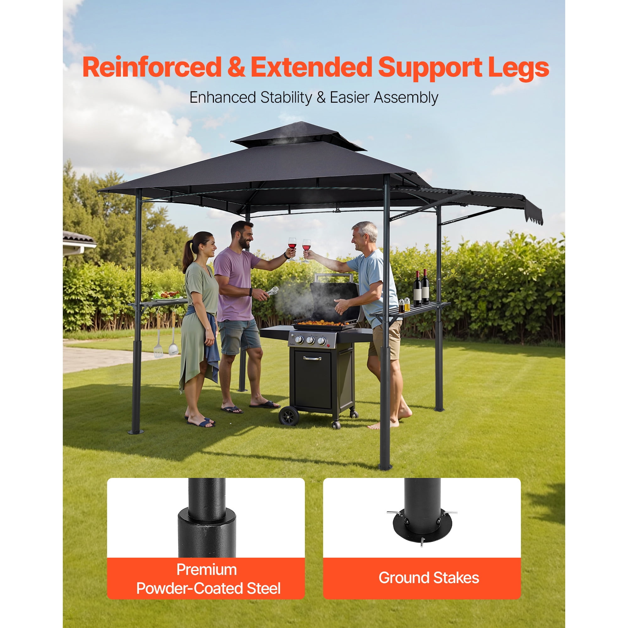KFFKFF Grill Gazebo, 8 x 5 ft with Dual-Layer Roof, Sturdy BBQ Shelter Featuring Extended Awning, Steel Frame with Side Shelves & Hooks, Outdoor Canopy for Patio or Garden Cooking