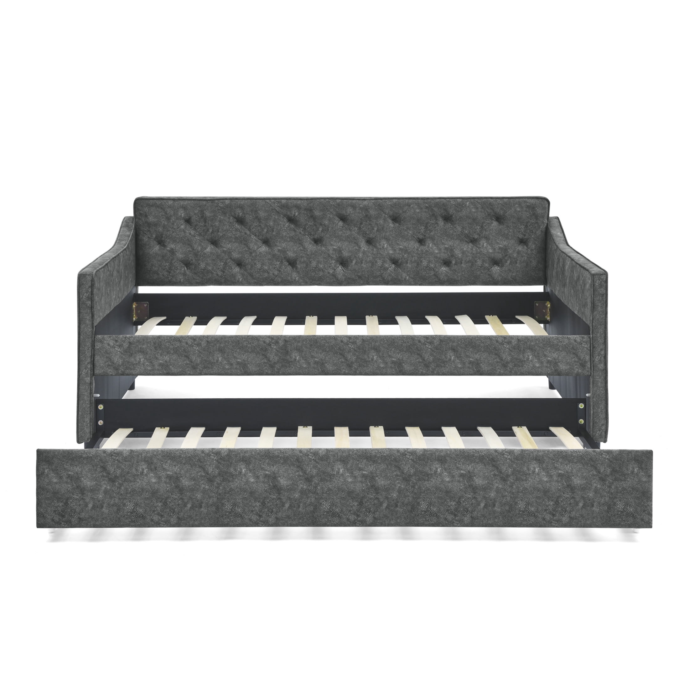 Noble House Veltria Twin Size Daybed, Upholstered Tufted Sofa Bed with Rolling Hidden Trundle, Waved Shape Arms, Gray