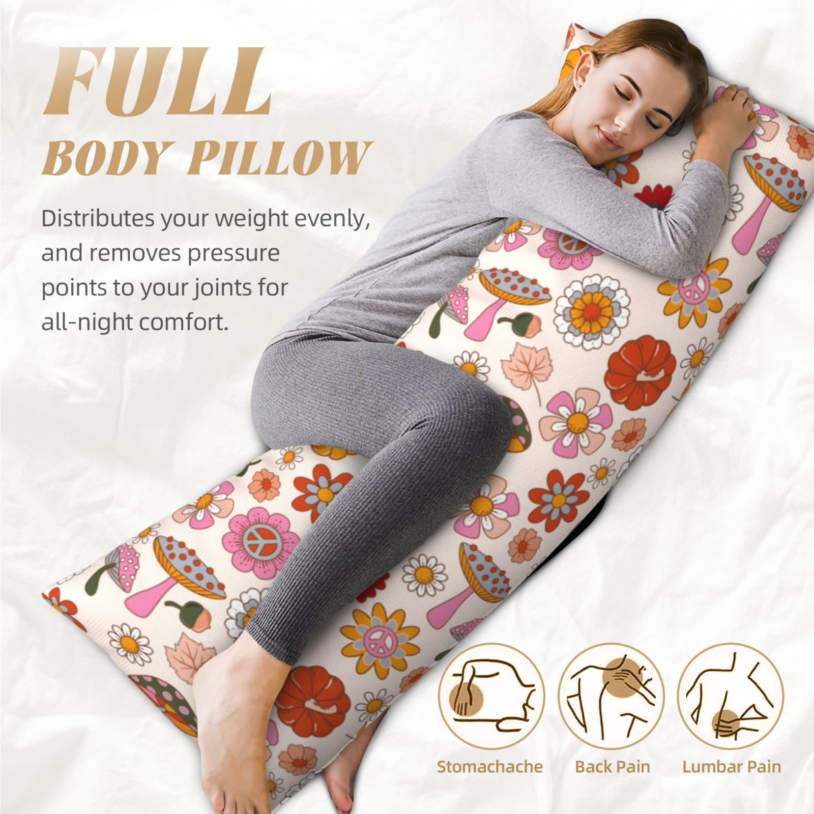 Naloa Fall 70s Groovy Hippie Super Soft 20x60 Body Pillow Case,Long Side Hidden Zipper（PILLOWS ARE NOT INCLUDED）