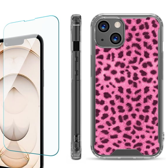 Shockproof Bumper Phone Case for iPhone 13, with Tempered Glass Screen Protector, by OneToughShield ® - Cheetah Pink