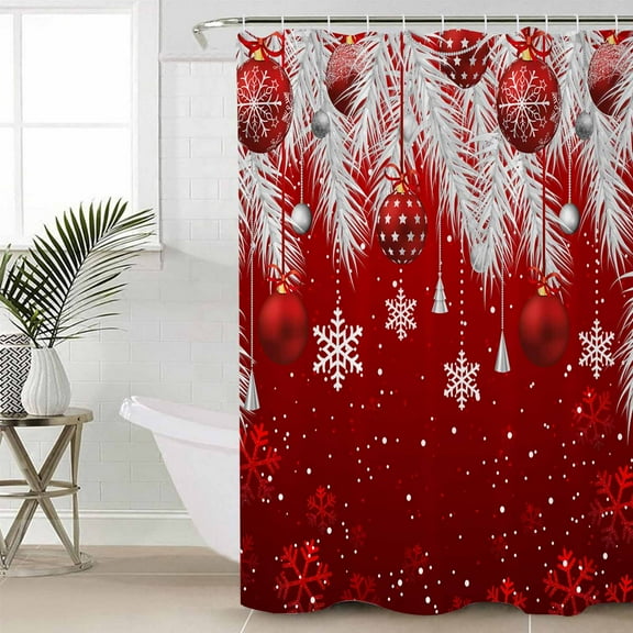 Red Christmas Bathroom Curtain 96 Inch Shower Curtain with Hooks, Xmas Balls Snowflake Silver Pine Needles Waterproof Polyester Bath Curtain Washable Bathtub Curtain 72''x 96''