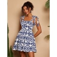 thumbnail image 4 of Blue And White Floral Print Square Neck Tie-Shoulder Ruched Mini Dress For Women, 4 of 8