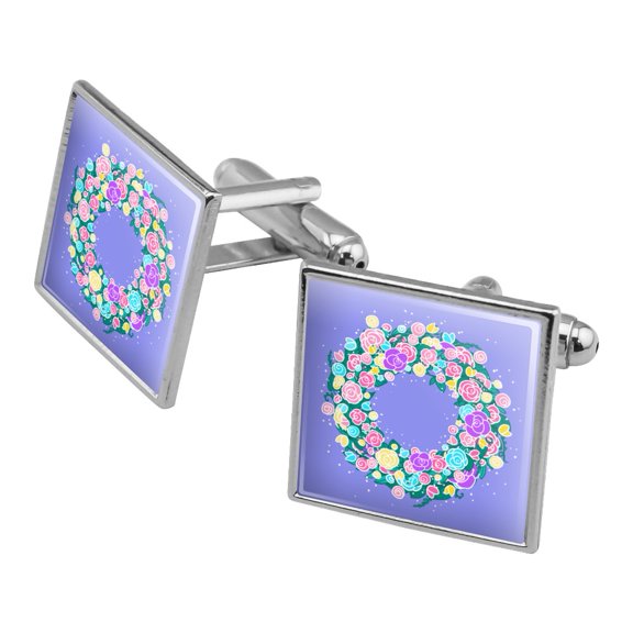Spring Wreath Flowers Square Cufflink Set - Silver or Gold