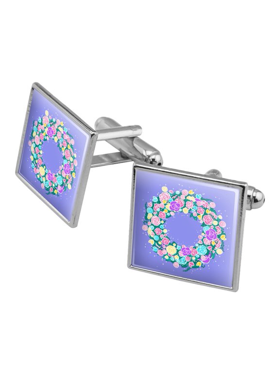 Spring Wreath Flowers Square Cufflink Set - Silver or Gold