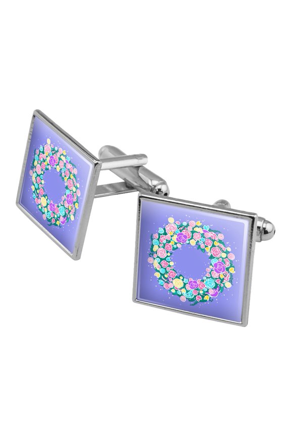 Spring Wreath Flowers Square Cufflink Set - Silver or Gold