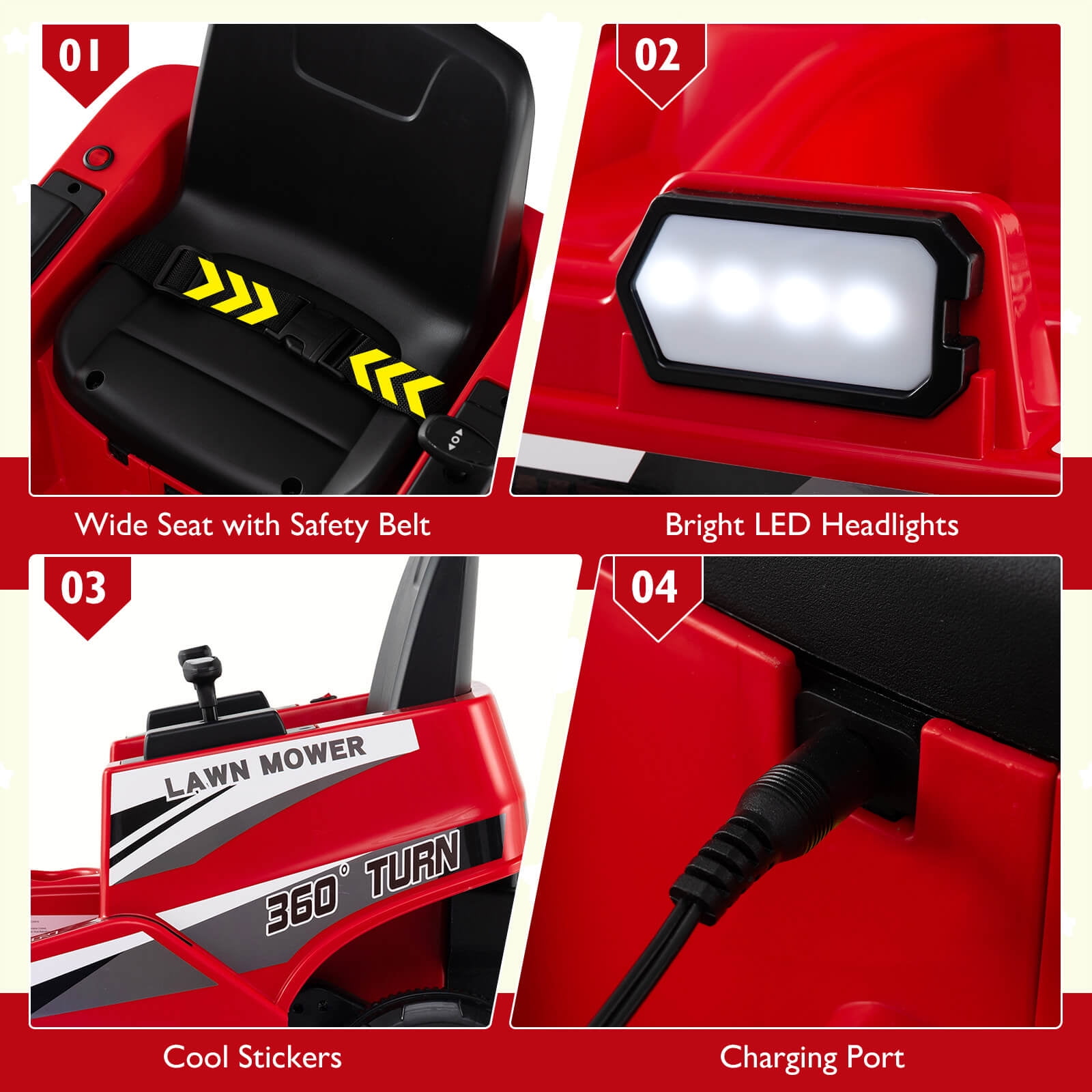 Costway 12V Ride on Lawn Mower with Dual Control Sticks LED Lights Twist Turn for Aged 3-8 Red