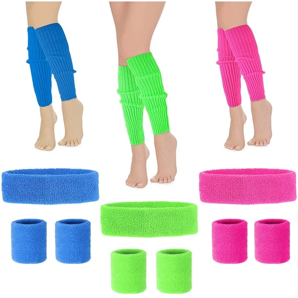 15 Pieces Women' 80s Outfit Costume Accessories Set Neon Knit Leg Warmers  Moisture Wicking Headbands Wristbands for Sports Theme Party 